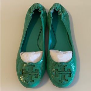 Tory Burch Reva Patent Leather Flats (Teal)